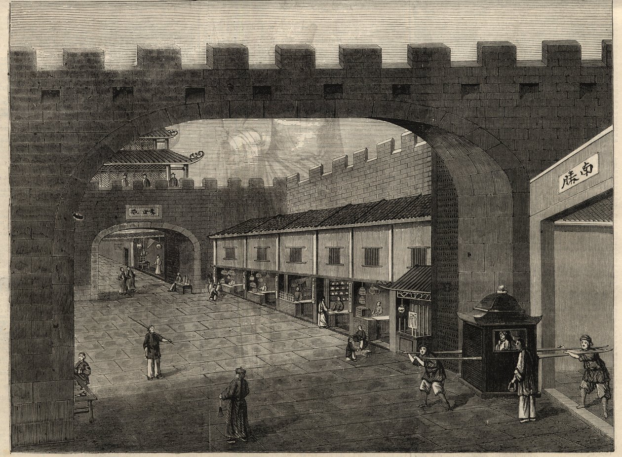 Kilátás egy utcára a város falaiban, Guangzhou, Kína. Metszet az 1857. február 14-i „” The Illustrated London News”-ba. alkotó: Unknown artist