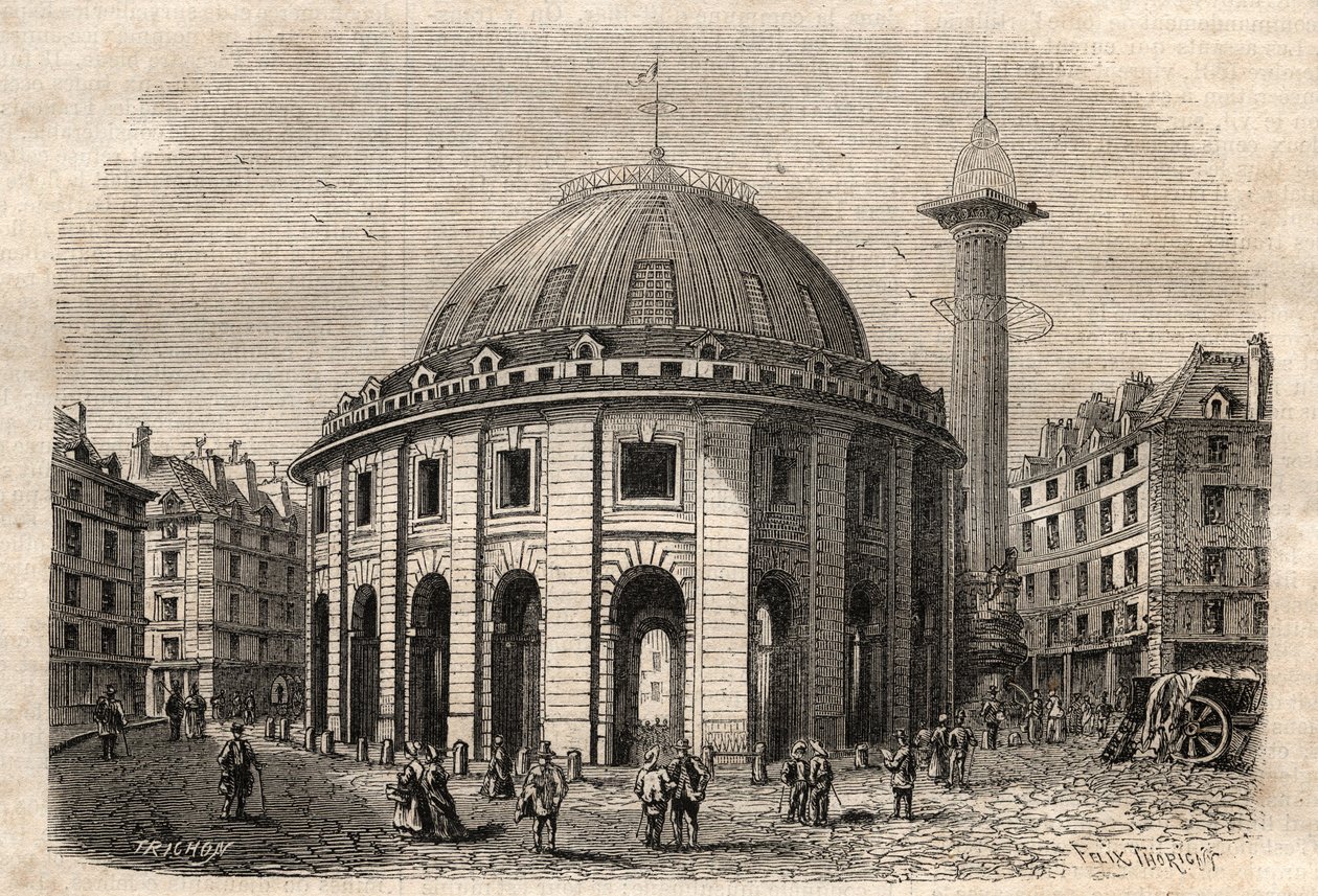 Kilátás a párizsi halle au ble-re (épült 1763-1769-ben) és a Medici-oszlopra, metszet 19. század eleje - búza- és kukoricabörze Párizsban (épült 1763-1769), metszet 19. század eleje - Vue de la Halle au ble, a jelenlegi Hotel de Soissóban helyezték el alkotó: Unknown artist