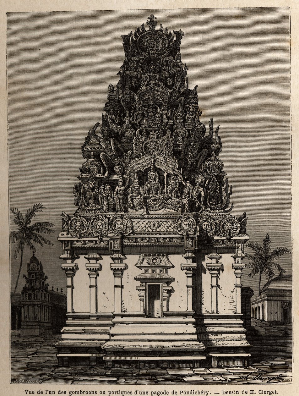Kilátás a pondicherry pagoda (Pondicherry) egyik gombrooonjára vagy portikusára (India). Metszet a chillambarani pagodához (Coromandel cote) 1838 és 1844 között Párizs ellentengernagy, a depó des cartes igazgatója által végzett expedíció illusztrálására. alkotó: Unknown artist