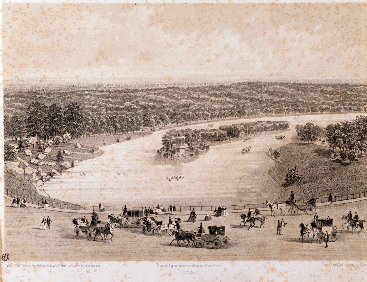 Kilátás a Bois de Boulogne-ra Párizsban. Litográfia 1850-ből. Magángyűjtemény alkotó: Unknown artist