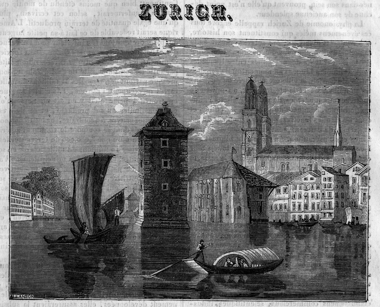 Kilátás Zürich városára (Zurigo) Svájcban a 19. században. alkotó: Unknown artist