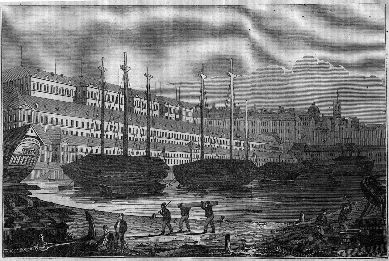 Kilátás a Corderies-re, a Bagne-ra és a breszti Saint Louis (Saint-Louis) tornyára. „A festői boltban” 1835 alkotó: Unknown artist