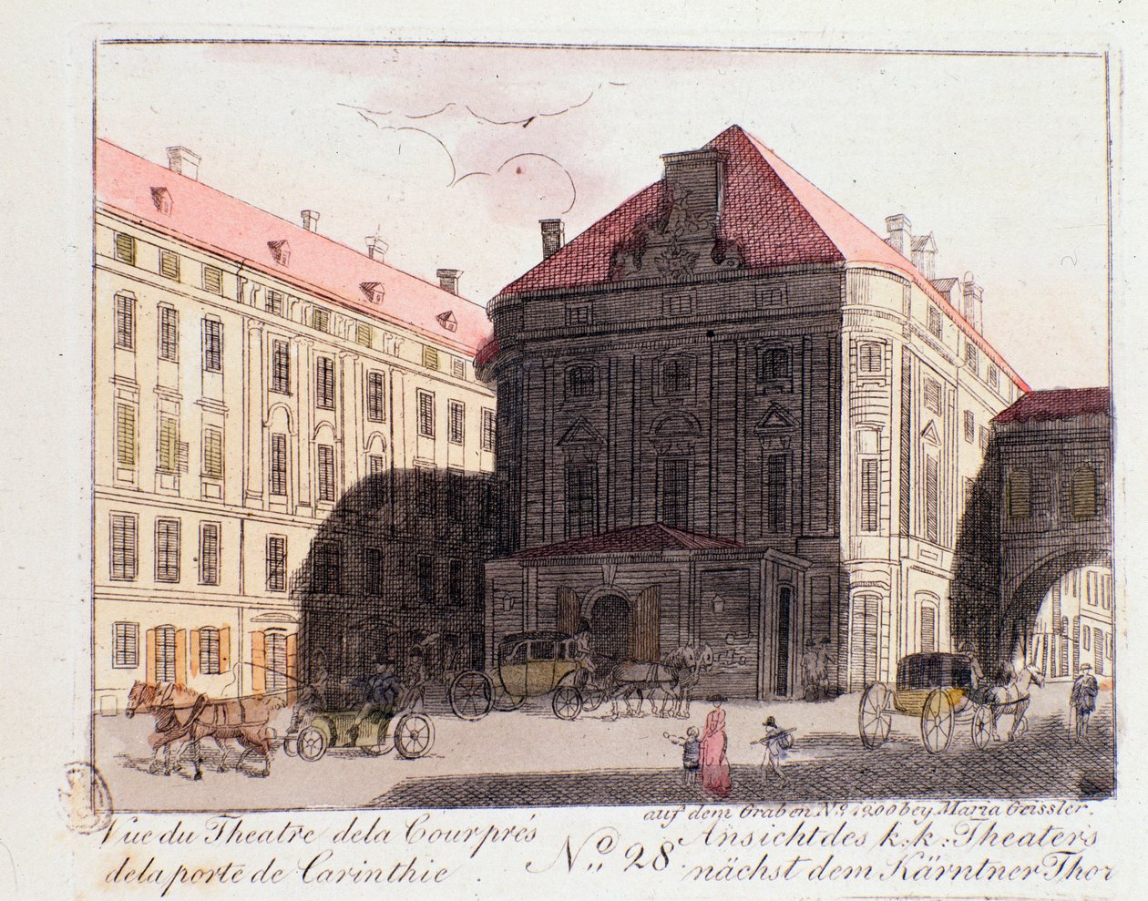 Kilátás az Udvari Színházra a Karintiai kapu közelében (Karntnertortheater vagy Theater am Karntnertor) Bécsben, ahol Beethoven 9. szimfóniáját először 1824.07.05. Ausztria. Metszet 1815-ös magángyűjteményből alkotó: Unknown artist