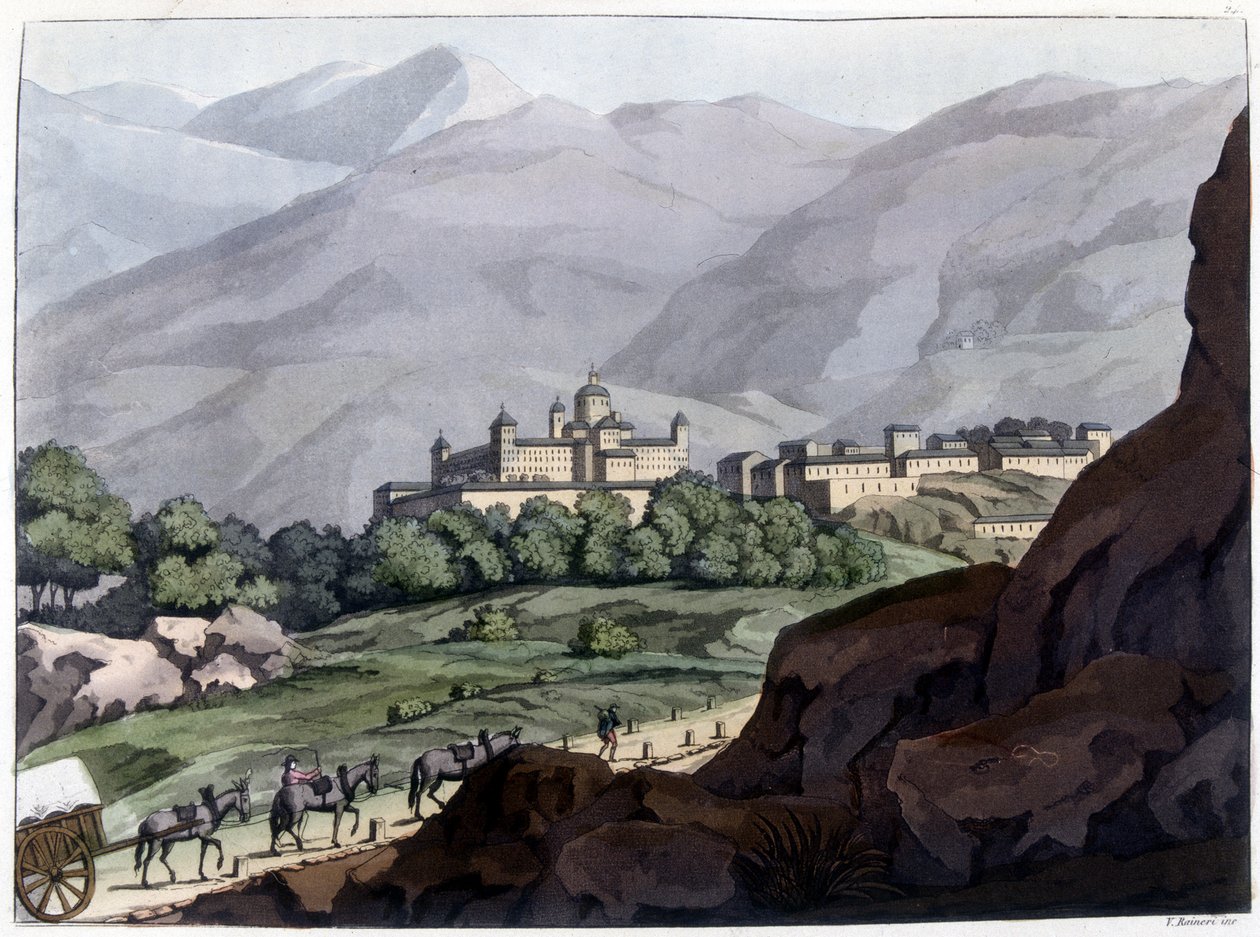 Kilátás az Escorial (Escorial) spanyol palotára és kolostorra, II. Fülöp alatt 1563 és 1584 között épült. XIX. századi litográfiája. alkotó: Unknown artist