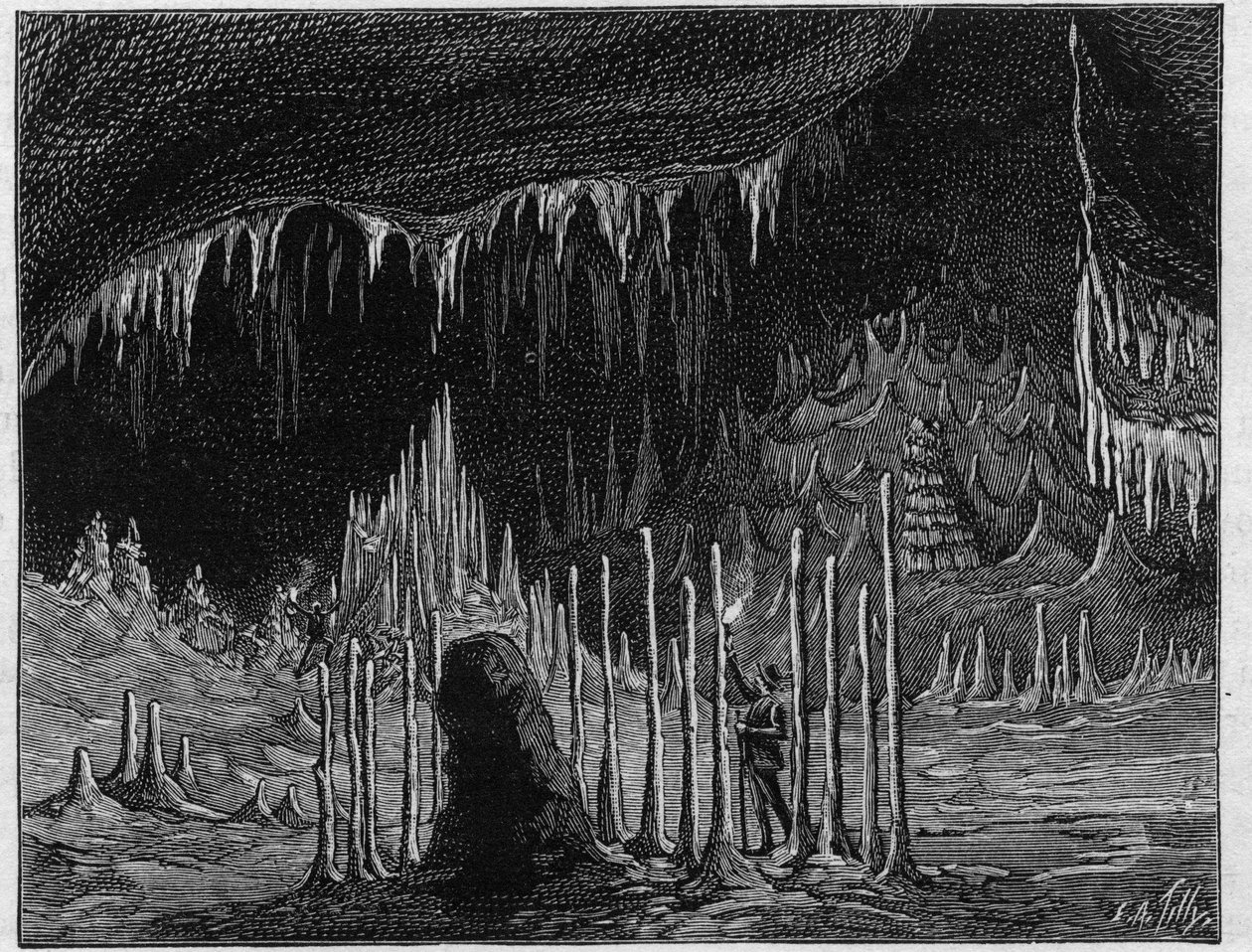 Kilátás a „templom termére” a Dargilan (Lozere) barlangban. Metszet a „” La Nature-be. Revue des sciences et de ses applications aux arts et a l