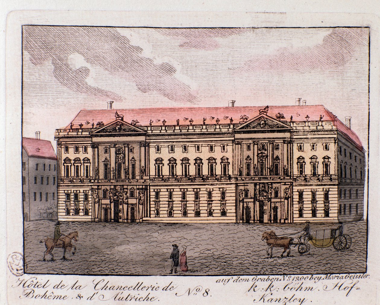 Kilátás a Csehországi és Ausztriai Kancellária szállodájára Bécsben, Ausztriában. Metszet 1815-ös magángyűjteményből alkotó: Unknown artist
