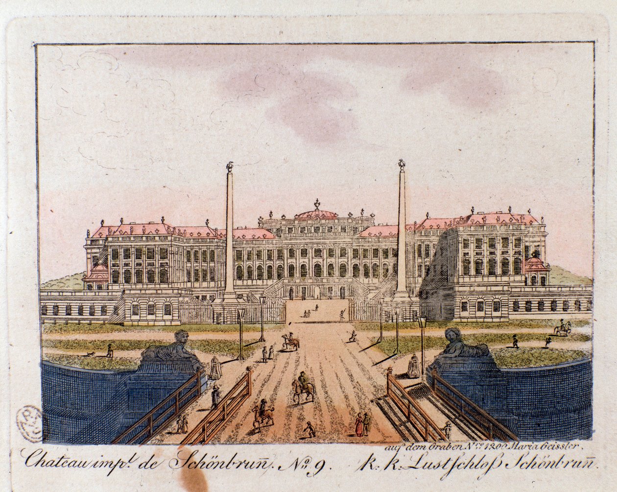 Kilátás a schonbrunni császári kastélyra (Schonbrun) (XVI-XVII. század) Bécs mellett, Ausztria 1815-ös metszet Magángyűjtemény alkotó: Unknown artist