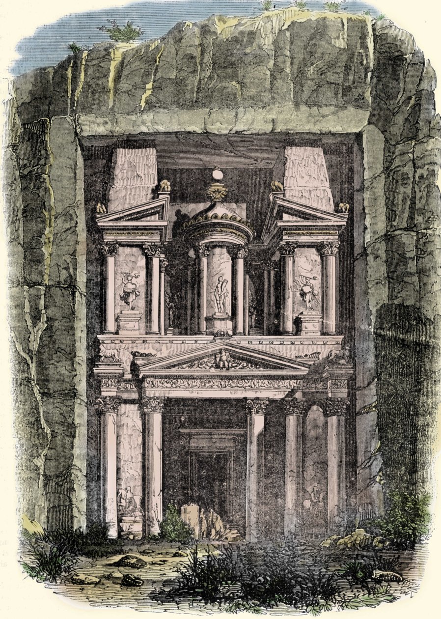 Kilátás a jordániai Petra Khazneh-jára (a Tresorra), a Nabateus Birodalom egykori fővárosára. századi metszet alkotó: Unknown artist