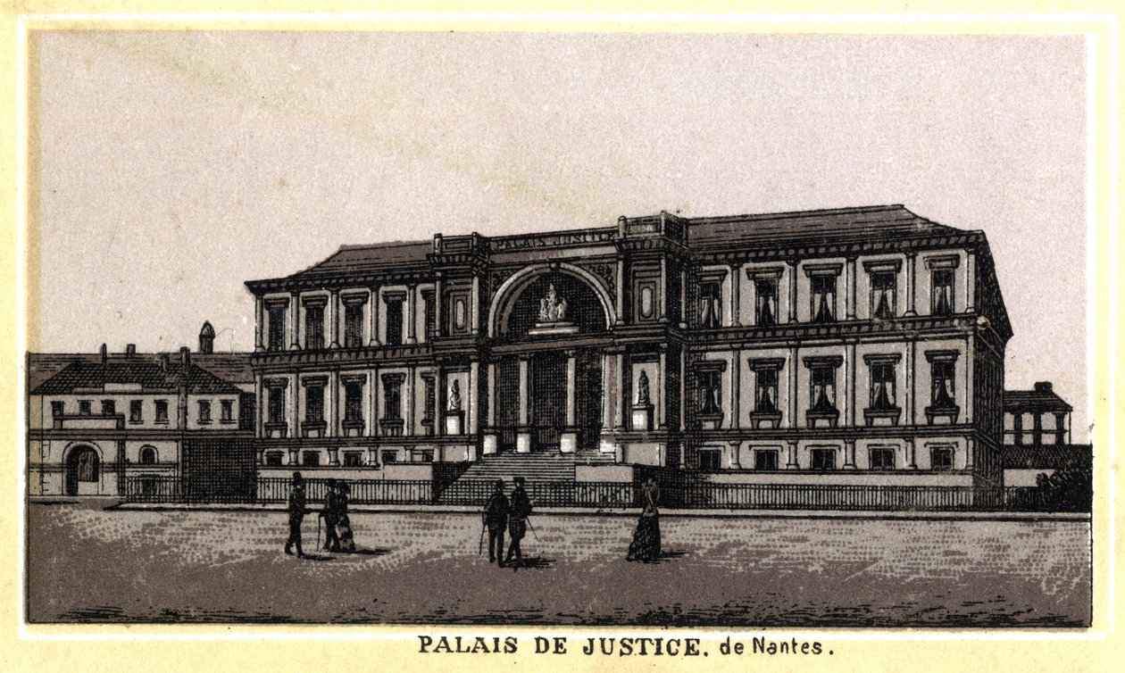 Kilátás a Nantes-i Igazságügyi Palotára (Loire-Atlantique, Pays de la Loire), Franciaország. A 19. század végének kromolitográfiája. alkotó: Unknown artist