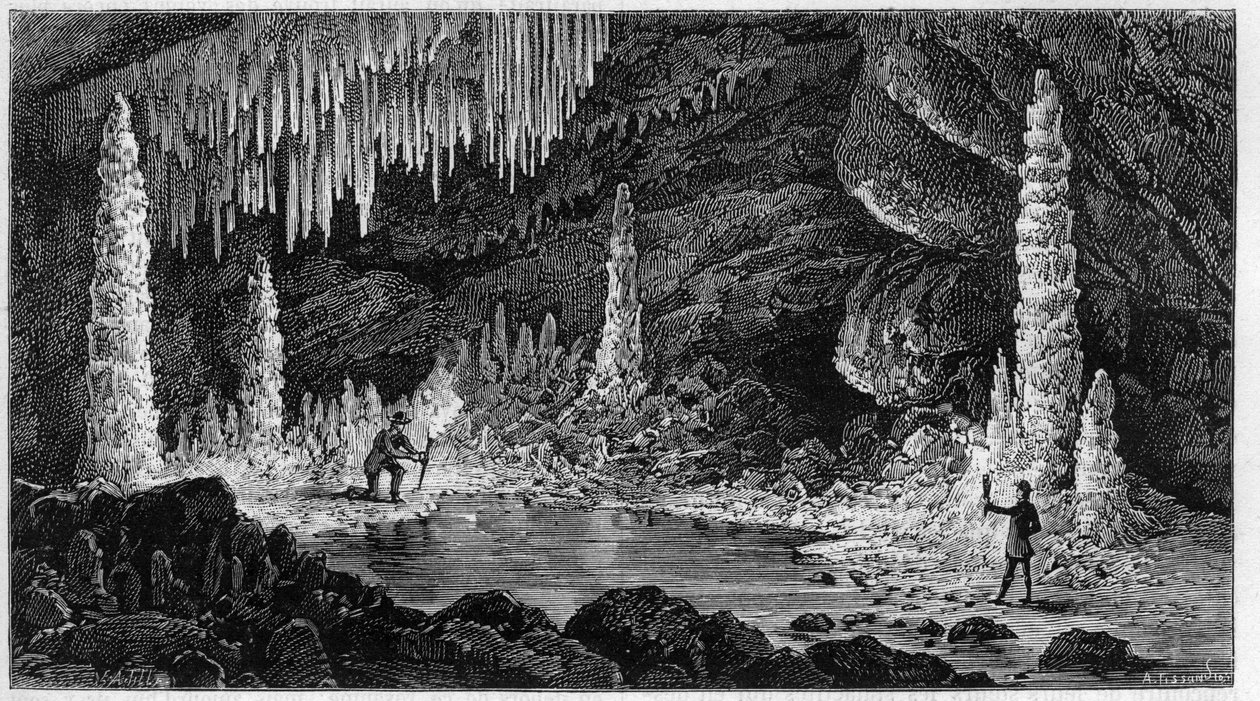 Kilátás a svájci Reclere-barlangra. Metszet a „” természetbe. Tudományos folyóirat és alkalmazásai a művészetben és az iparban. alkotó: Unknown artist