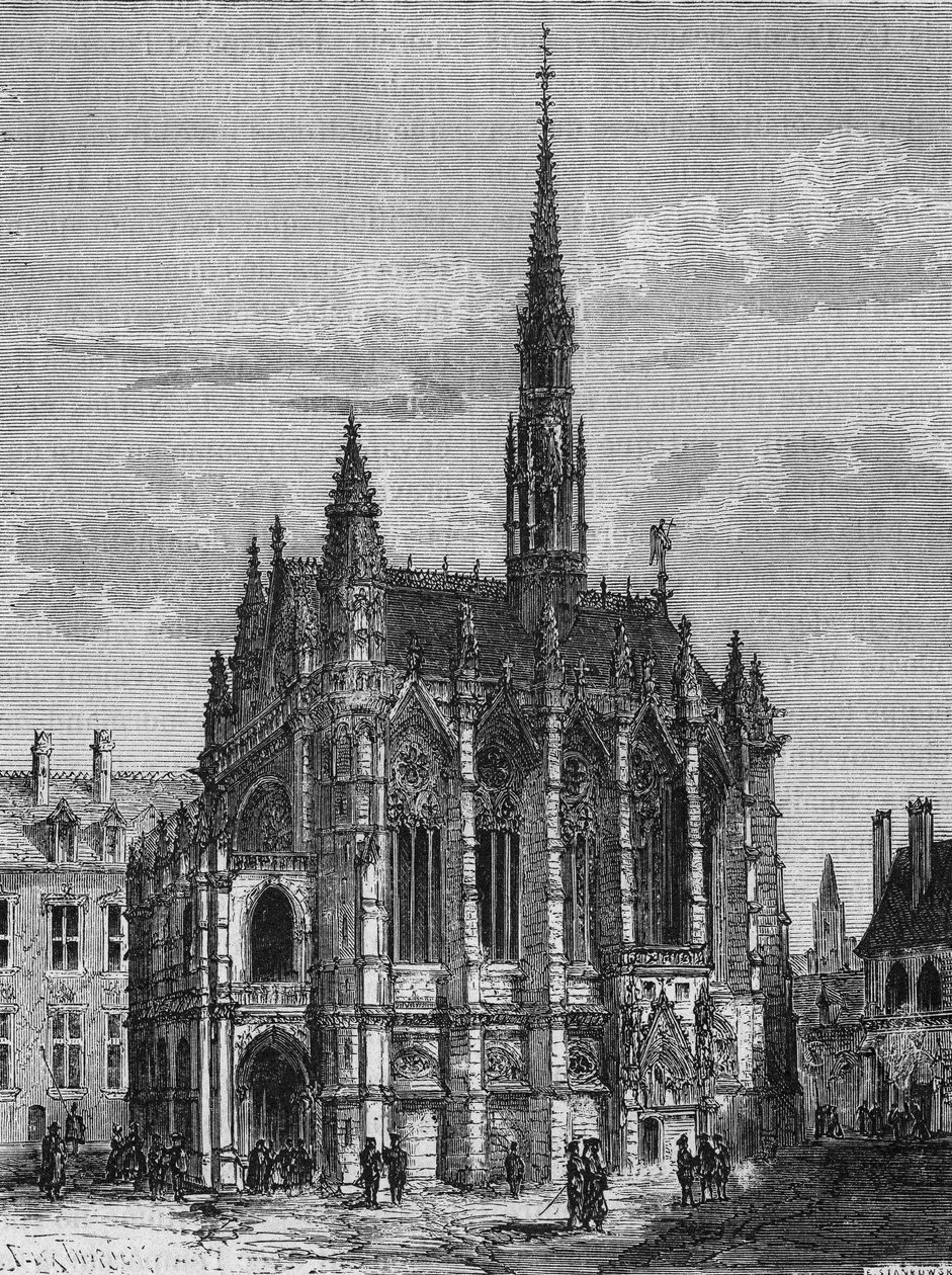 Kilátás a párizsi Sainte Chapelle templomra. Metszet a L