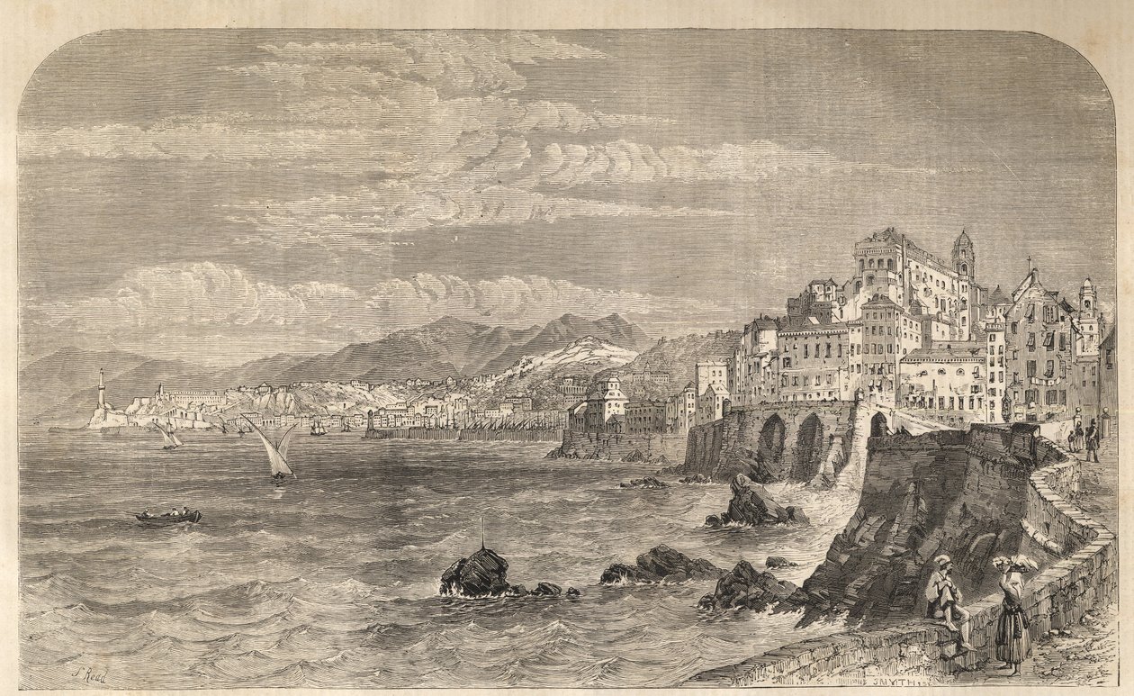 Kilátás az ősi genovai kikötőre - Kilátás a Genes kikötőjére - Genova en 1861 - Metszet alkotó: Unknown artist