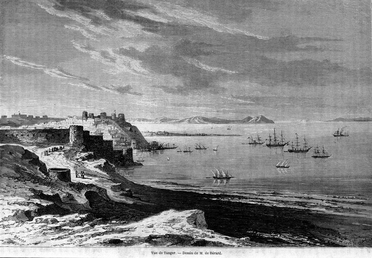 Kilátás az erődített Tanger város öblére és a tengerpartra, Marokkó. Metszet 1860-ból. alkotó: Unknown artist