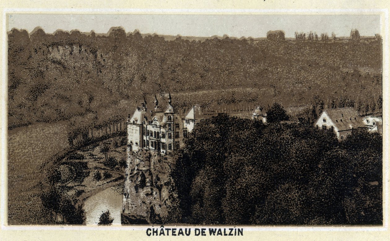 Kilátás Walzin kastélyára Vallóniában (Belgium), a Lesse folyó partján. A 19. század végének kromolitográfiája. alkotó: Unknown artist
