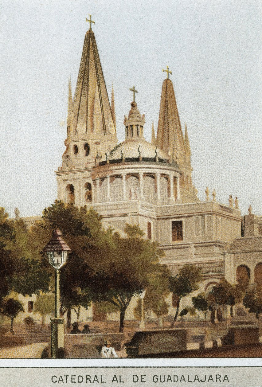 Kilátás a guadalajarai székesegyházra, Mexikóvárosban, Mexikóban. századi kromolitográfiája alkotó: Unknown artist