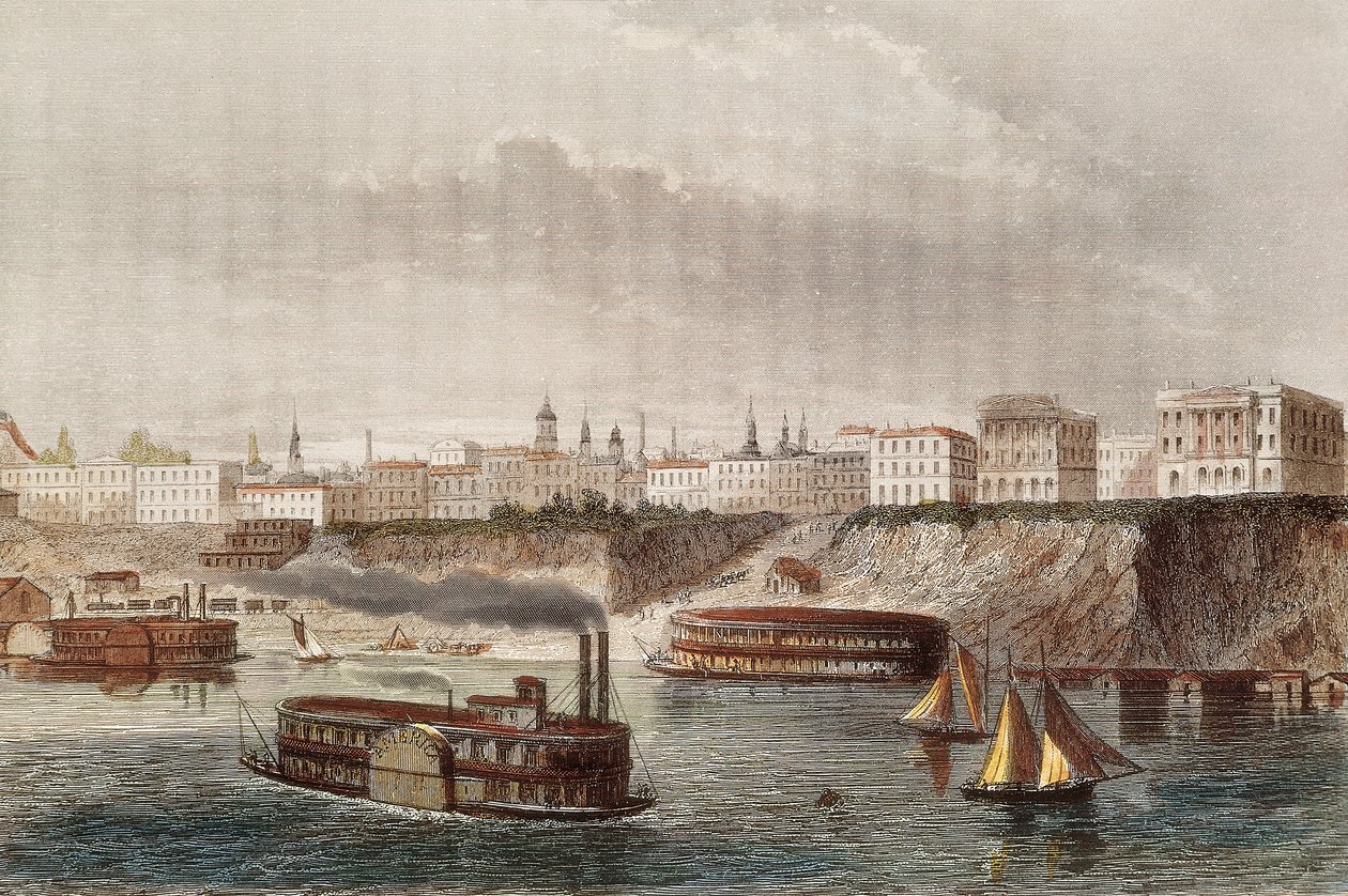 "" Kilátás Cincinnati városára és az azonos nevű folyóra Ohióban "" Gőzös és kerekes hajók vitorláznak. századi metszet alkotó: Unknown artist