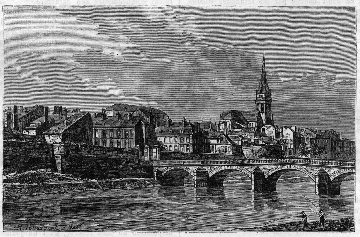Kilátás Mezieres városára a 19. század végén. Metszet az 1888-as „” le Journal de la Jeunesse „”-ban. alkotó: Unknown artist