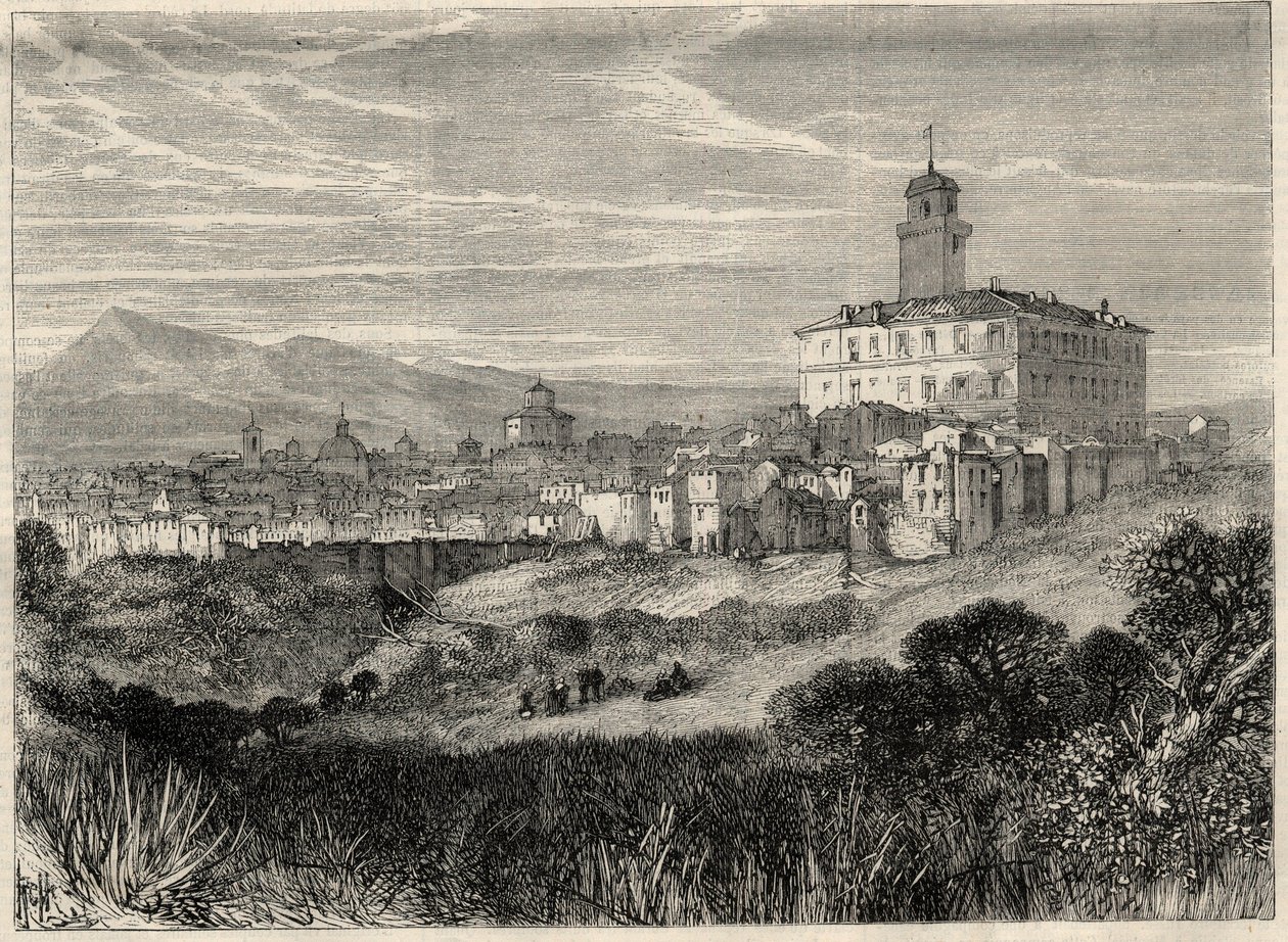 Kilátás Monterotondo városára (Monte Rotondo, Monte-Rotondo) Olaszországban. Gravírozás "" L