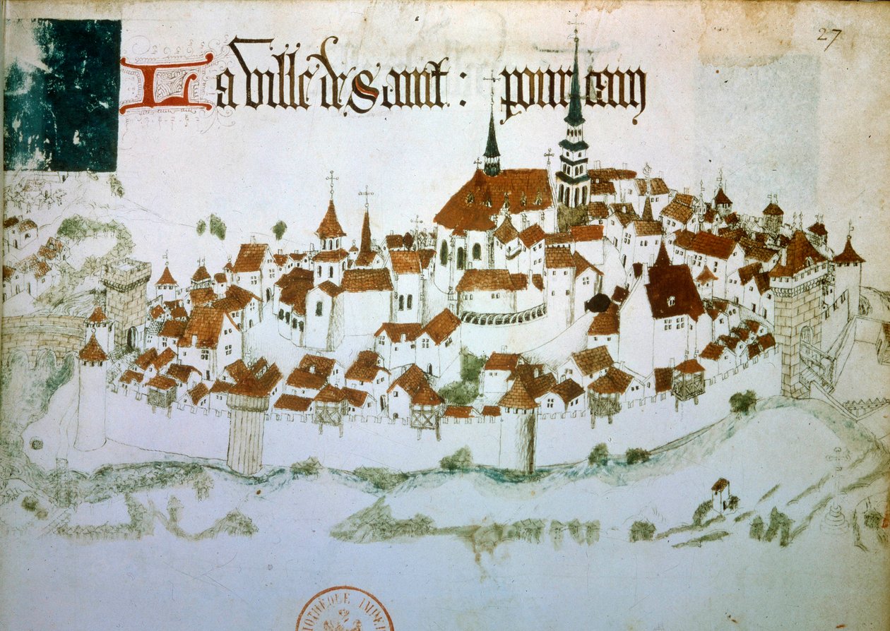 Kilátás Saint Pourcain sur Sioule városára az Allierben, Auvergne-ben. Miniatűr 15. századi kéziratból. B.N. Párizs alkotó: Unknown artist