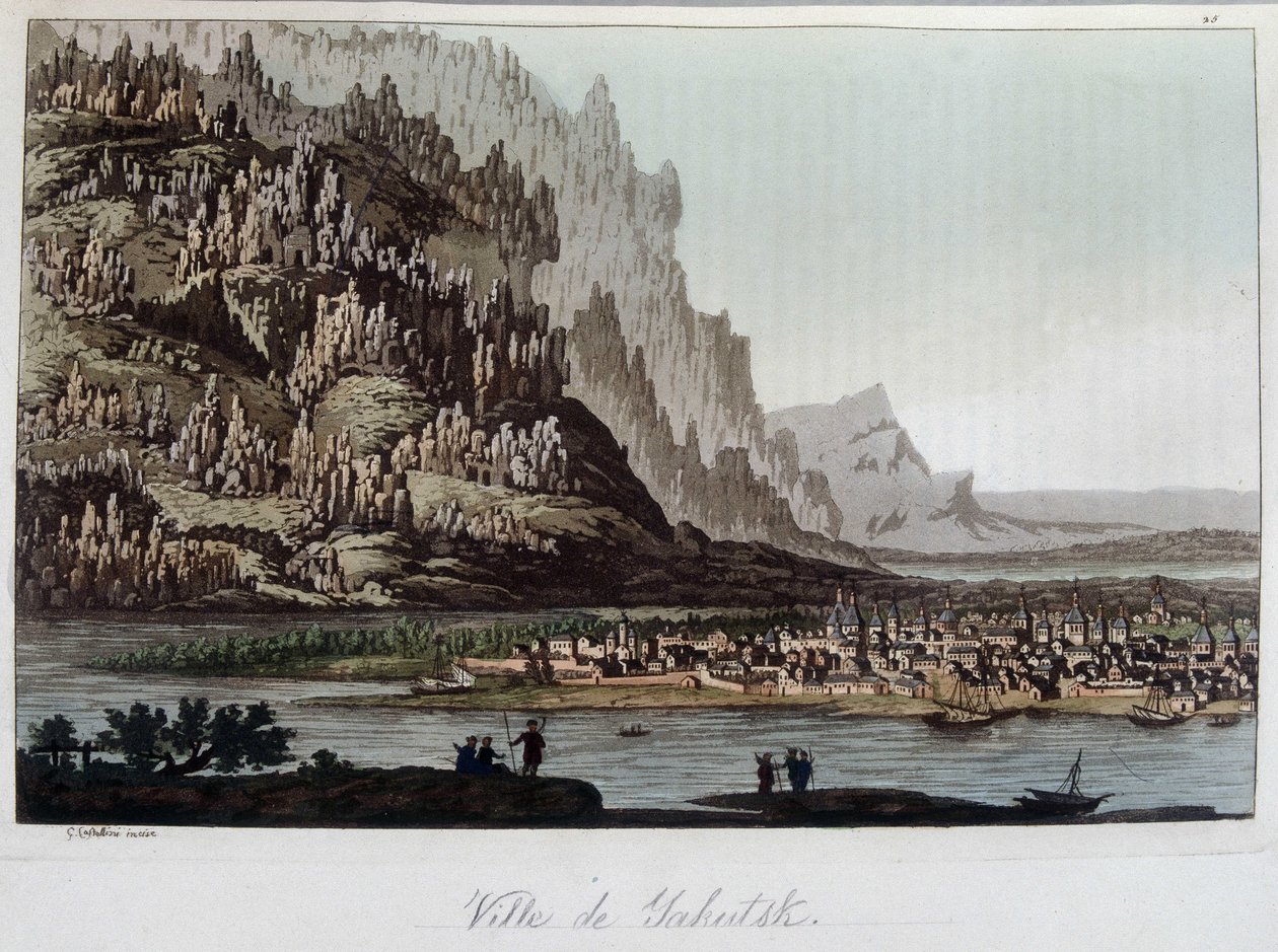 Kilátás a város Jakutszk Oroszországban. „A régi és modern kosztümben” 1819-1820, Ferrario. alkotó: Unknown artist
