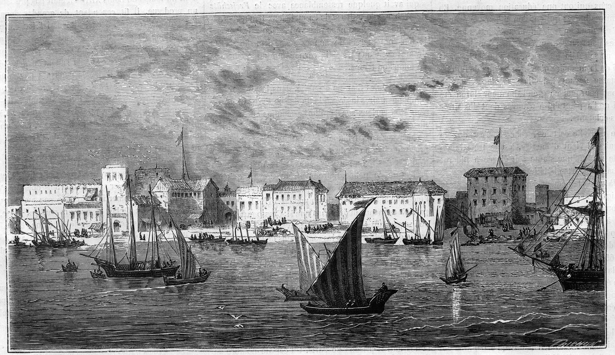 Kilátás Zanzibár városára Afrikában. Bal oldalon a francia konzulátus. Jobb oldalon a szultáni palota és az arzenál. Metszet a „The Universe illustrious”-ba alkotó: Unknown artist