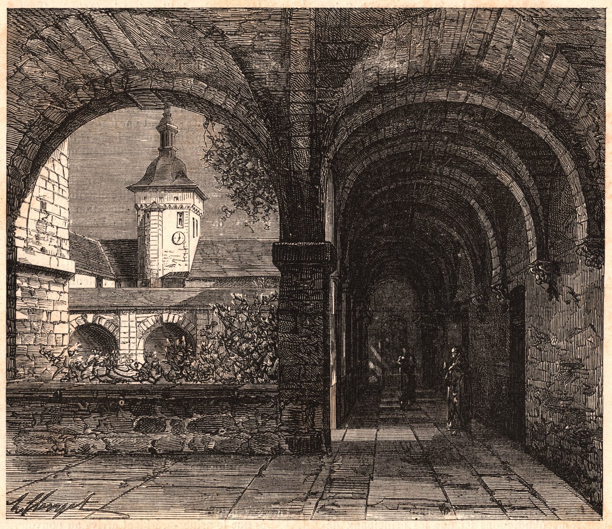 Kilátás a Solesmes-i apátság kolostorára a galériából, Sarthe, Franciaország alkotó: Unknown