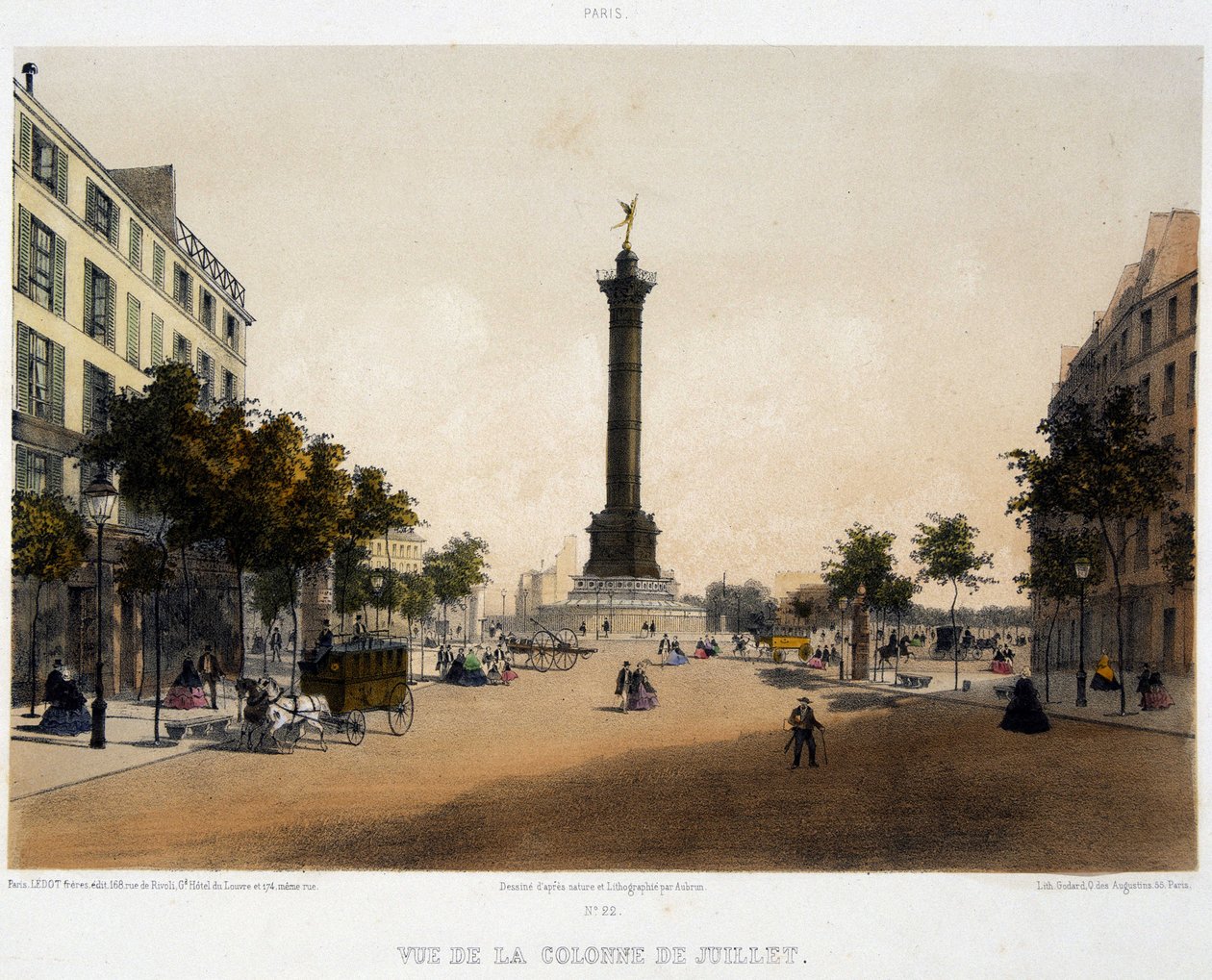 Kilátás a júliusi oszlopra (Place de la Bastille) a Boulevard Beaumarchais felől - litográfia alkotó: Unknown artist