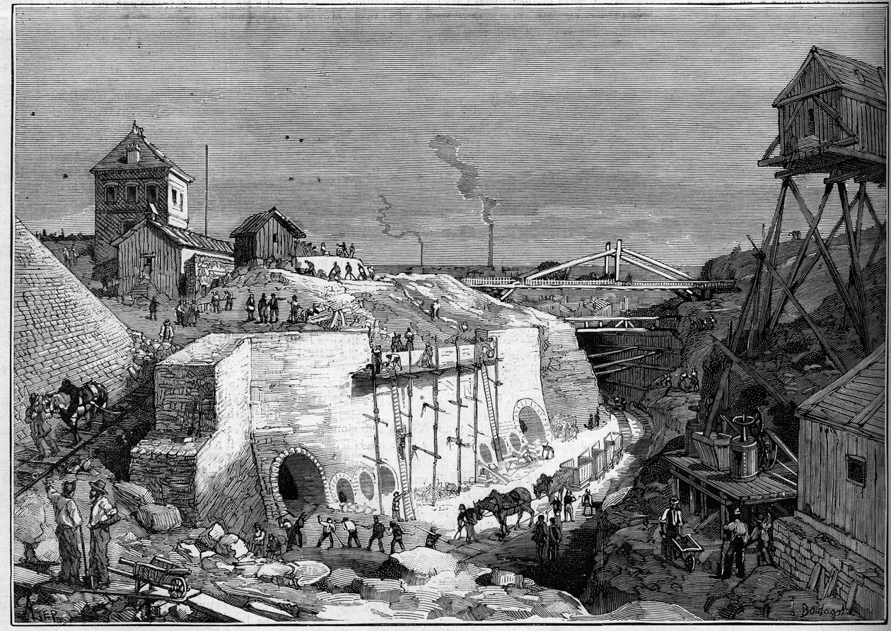 Kilátás a villejuifi ivóvíztartályok építkezésére. Metszet a „” Le Monde Illustré”” 1300. számban, február 25 alkotó: Unknown artist
