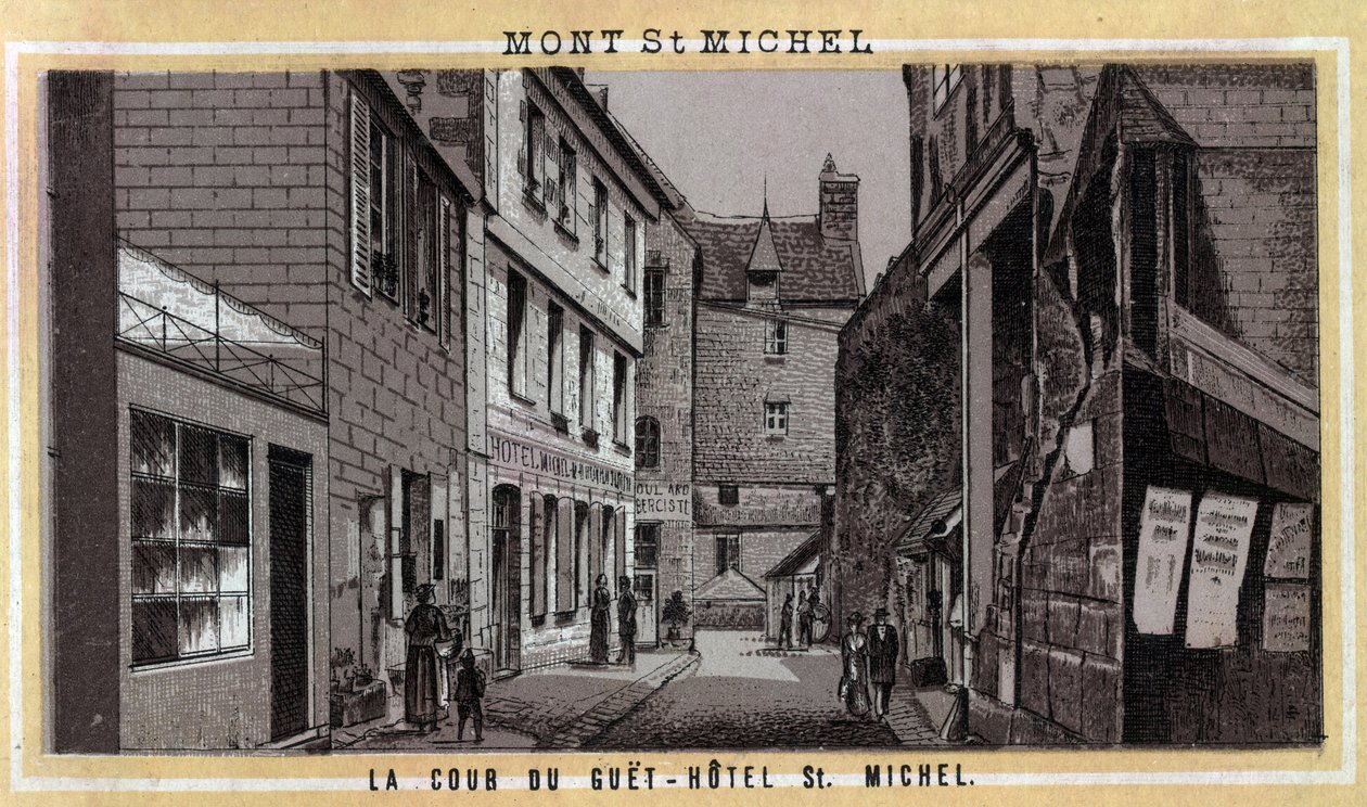 Kilátás a Guet Hotel (Guet-Hotel) udvarára a Mont Saint Michelen, Manche, Normandia. A 19. század végének kromolitográfiája. alkotó: Unknown artist