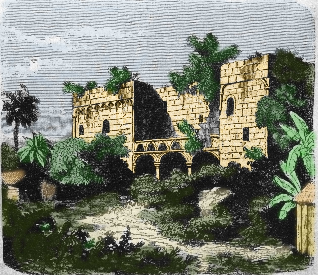 Kilátás az „Alcazar de Colón” házra, amelyet Kolumbusz Kristóf épített fiának, Diego Columbusnak (Diego Colon y Moniz) (1480-1526), Santo Domingo szigetén. századi metszet. alkotó: Unknown artist