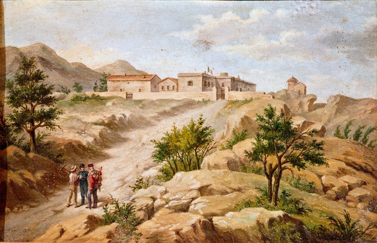 Az olasz hazafi és a Risorgimento Giuseppe Garibaldi (1807-1882) hőseinek háza a Caprera (Szardínia) Garibaldi két paraszttal a kép bal oldalán. A 19. századi római Museo del Risorgimento névtelen festménye alkotó: Unknown artist