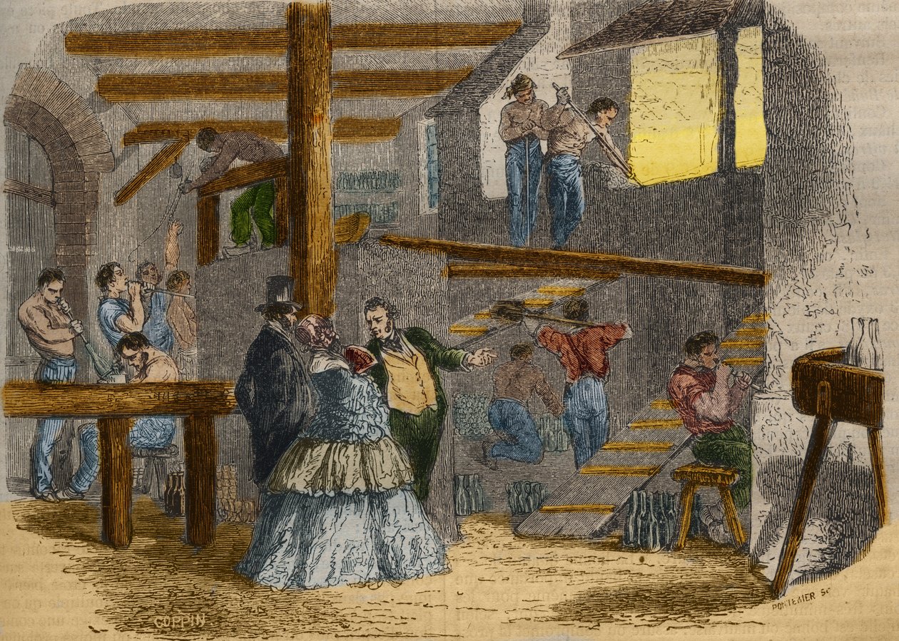 Kilátás egy üvegáru belsejére üvegfúvóval. Metszet 1856-ból a „Le Musee Des Sciences”-ben alkotó: Unknown artist