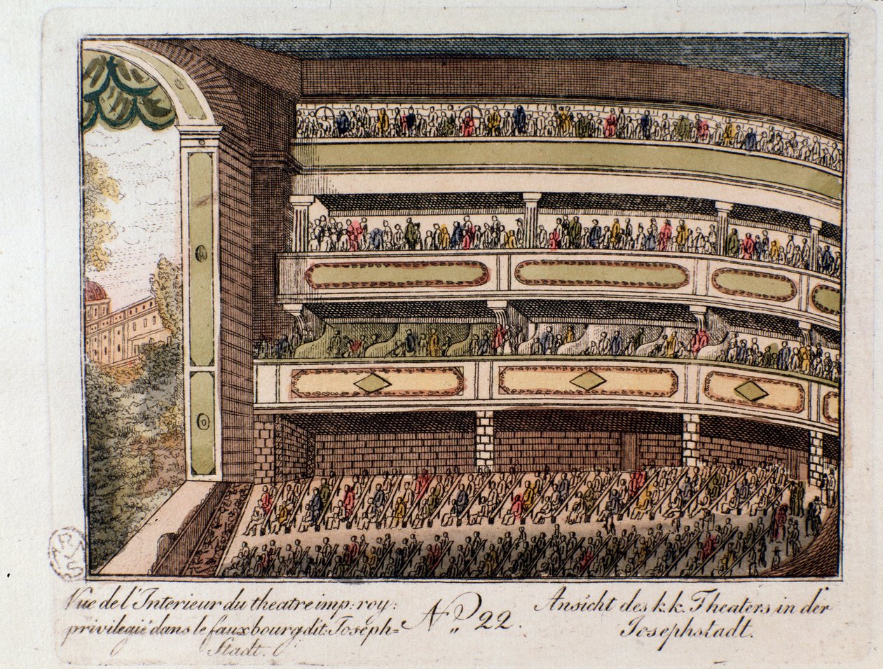 Kilátás a bécsi Josephstadt kerületben található Imperial Színház belsejére. Ausztria (A bécsi Josephstadt kerületi császári színház belső képe, Ausztria) Metszet 1815-ből Magángyűjtemény alkotó: Unknown artist