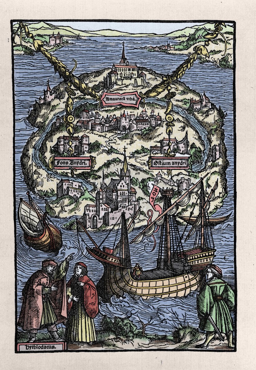 Utópia (Utópia) szigetének képe Thomas More (1478-1535) „” Az Utópiát újonnan szigetelő köztársaság optimális állapota” című könyvéből. Johann Froben metszet. 1518. alkotó: Unknown artist