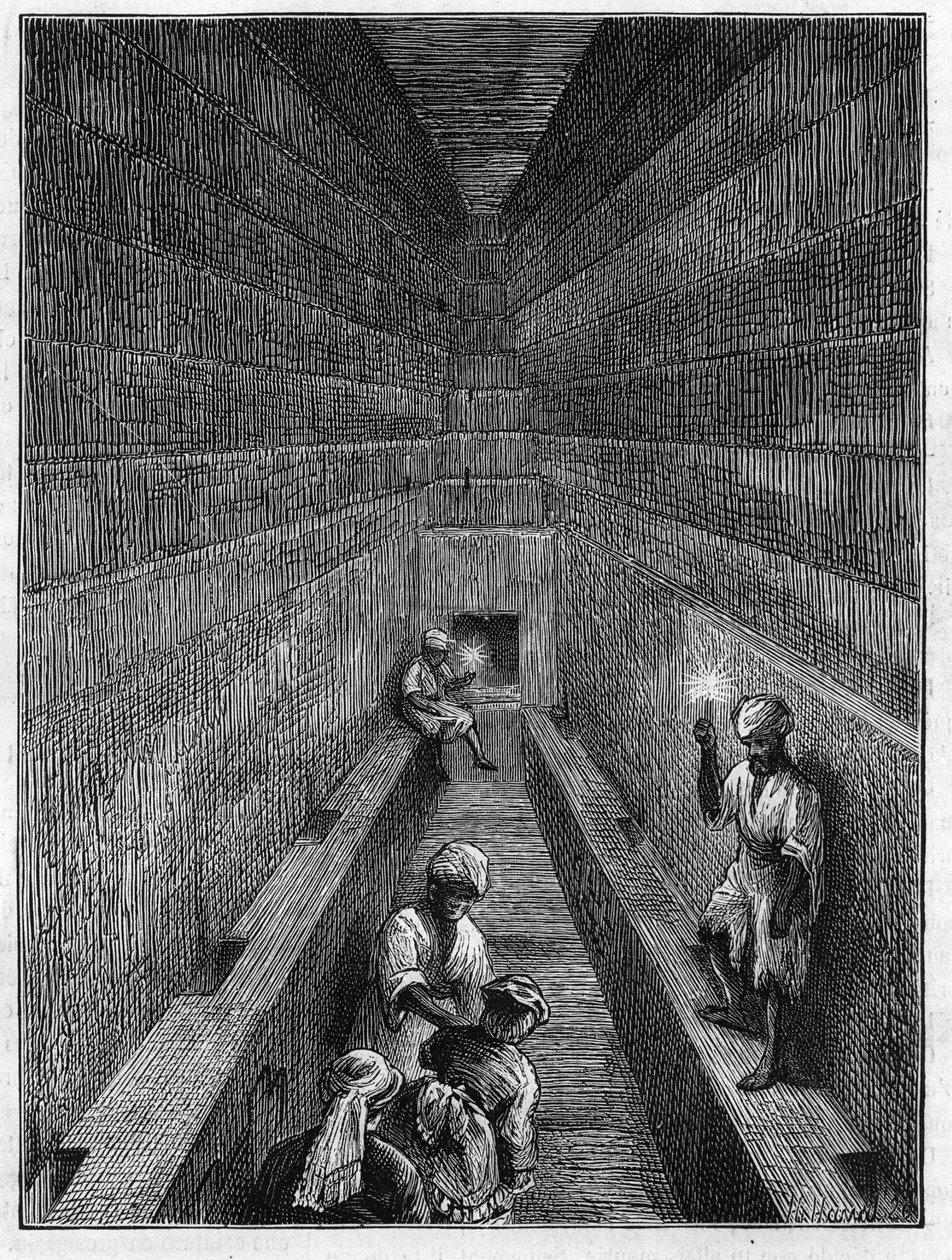 Kilátás a Kheopsz piramis (Cheops, Keops, Khoufu, Khufu) nagy galériájára Guizehben (Guiseh, Giza, Giza), Egyiptom alkotó: Unknown artist