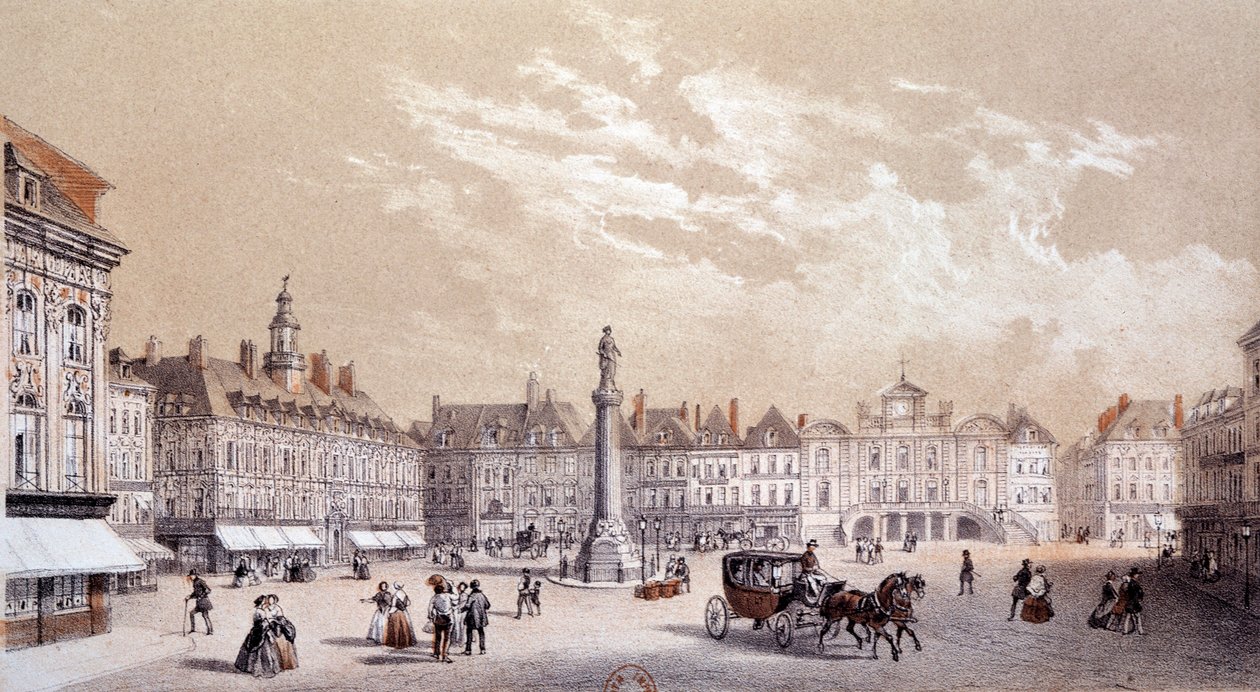 Kilátás Lille városának nagy terére. Metszet a 19. századi Párizsról, B.N. alkotó: Unknown artist