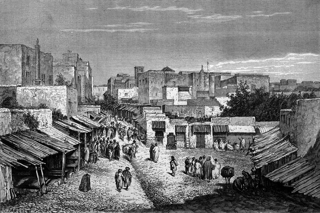 Kilátás a főútra, a megerősített Tanger város és a tengerpart, Marokkó. századi metszet. alkotó: Unknown artist