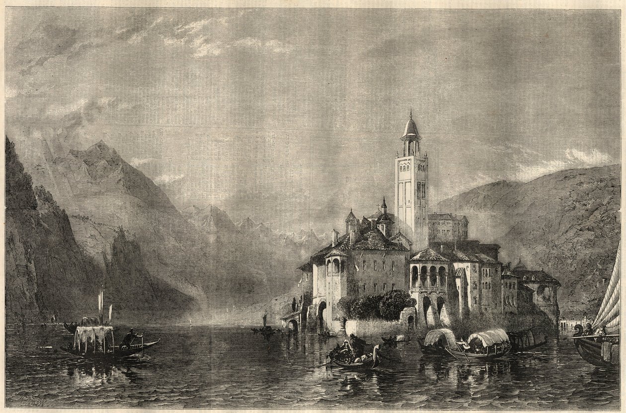 Kilátás a Mater Ecclesiae kolostorra a Saint Jules (Saint Jules) szigetén (San Giulio) az Orta-tónál (Cusio-tó) Olaszországban. Metszet William Collingwood Smith (1815-1887) festménye után. A március 22-i „The Illustrated London News”-ban alkotó: Unknown artist
