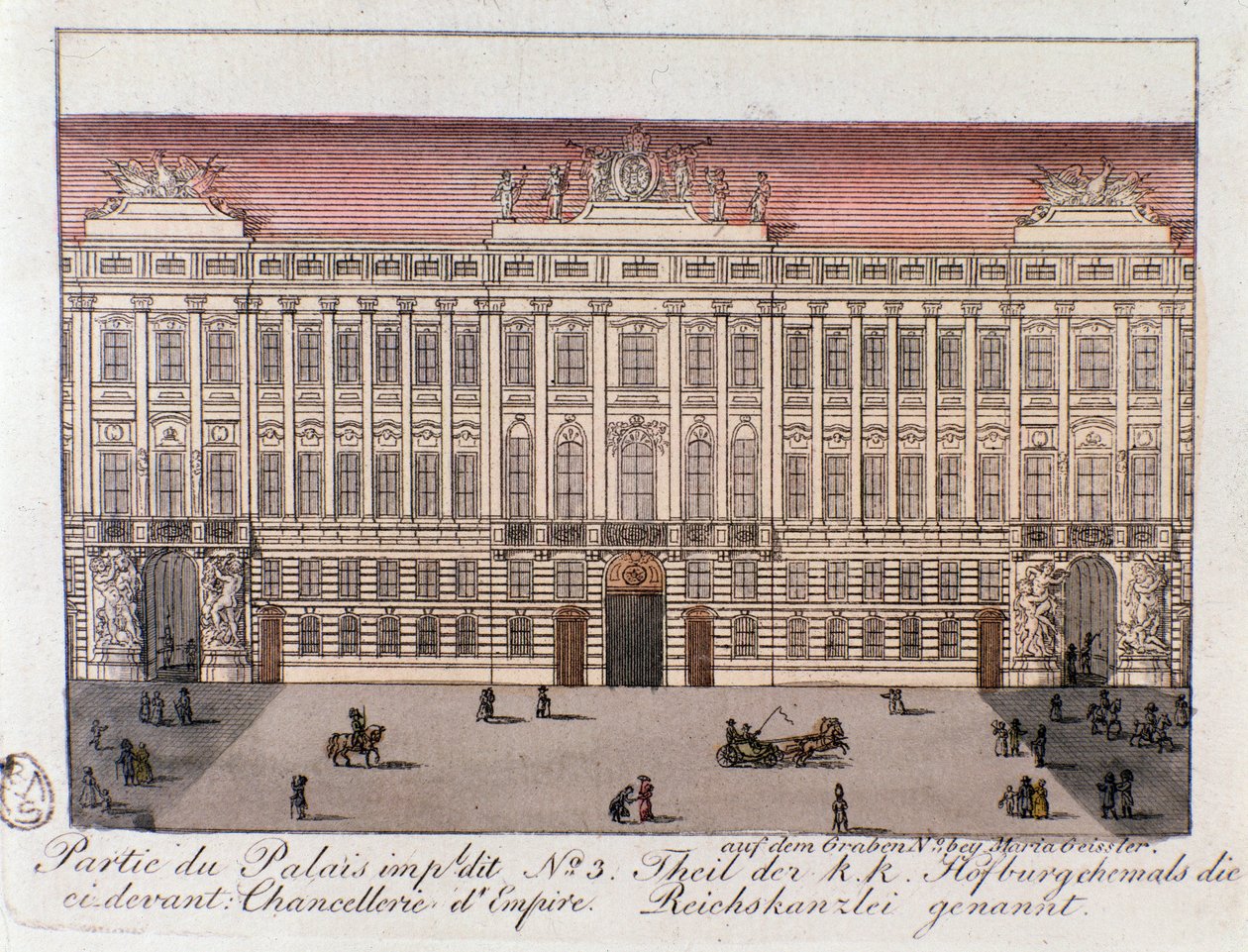 Kilátás a Császári Palota Birodalom Kancelláriának nevezett részére Bécsben. Ausztria. Metszet 1815-ös magángyűjteményből alkotó: Unknown artist