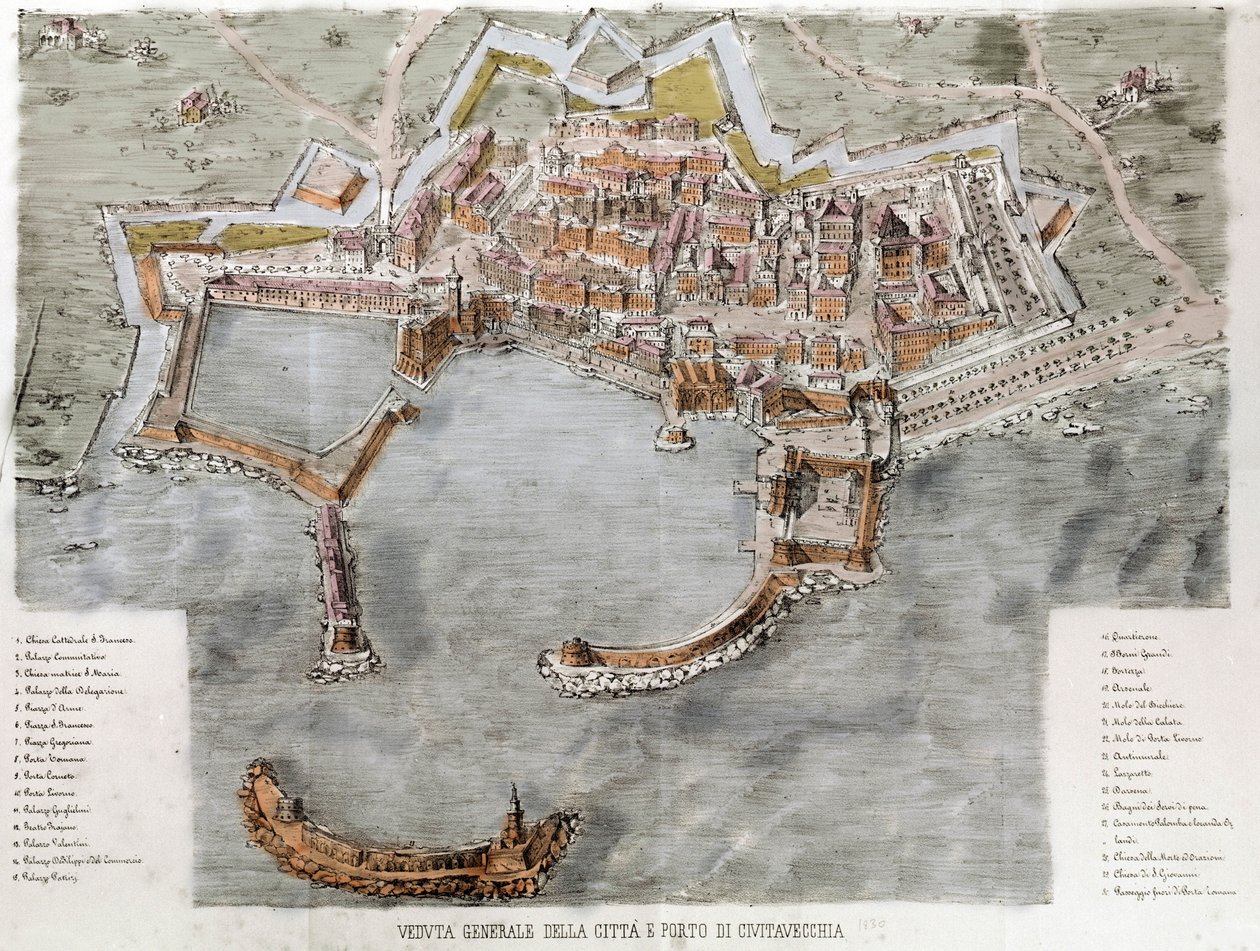 Kilátás a Róma melletti Civitavecchia kikötőjére. 19. század. alkotó: Unknown artist