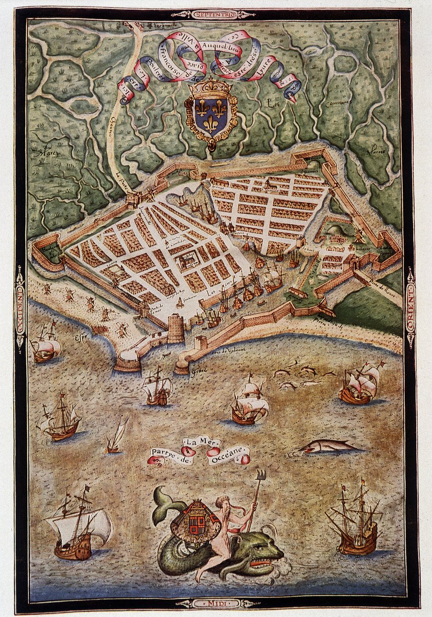 Kilátás Le Havre kikötőjére 1583-ban - Jacques Delvaux, a haditengerészet pilótájának megvilágított kéziratából, amelyet de Joyeuse admirálisnak szenteltek alkotó: Unknown artist