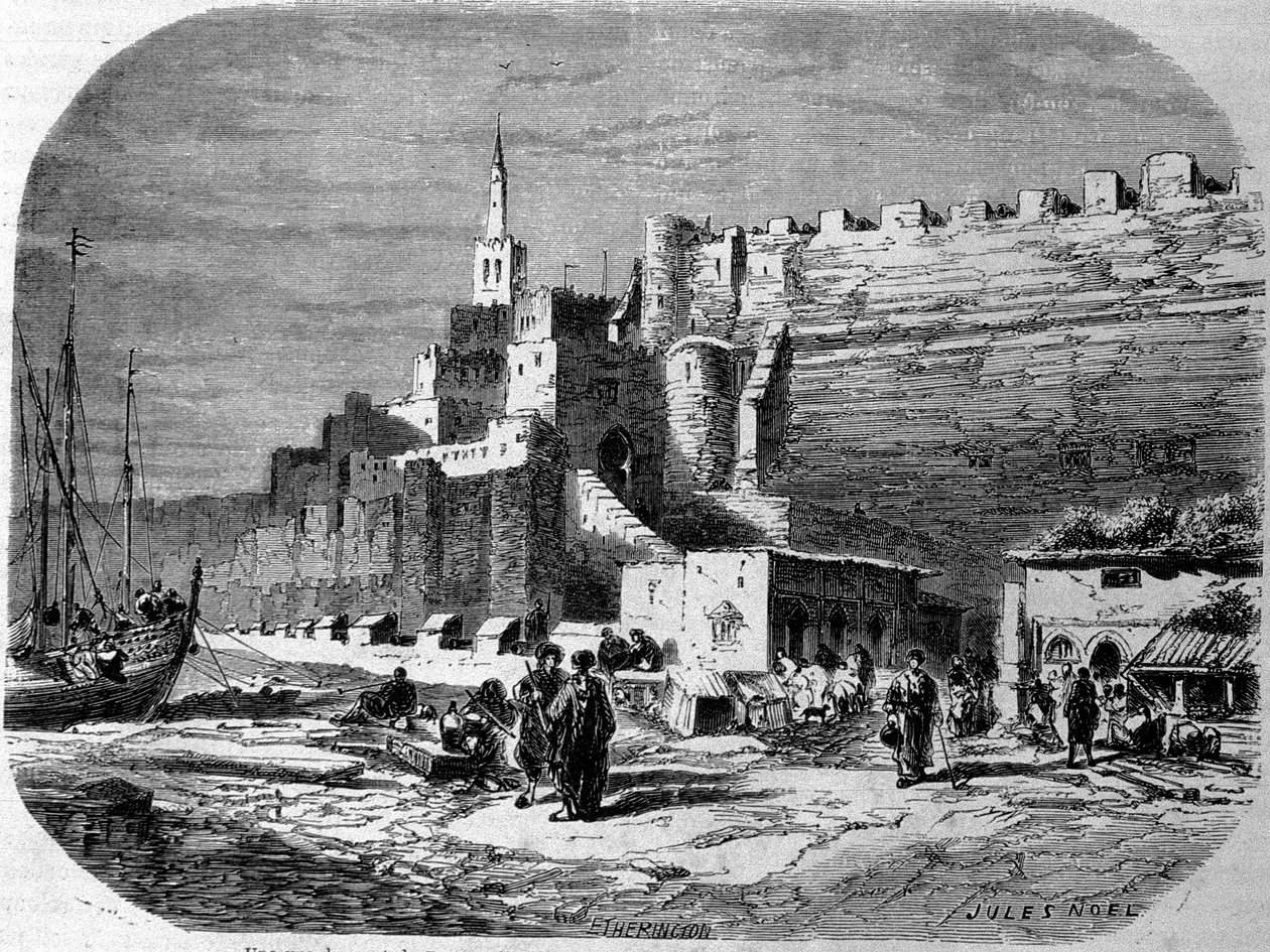 Kilátás a megerősített Tanger város kikötőjére és a tengerpartra, Marokkó. Metszet 1860-ból. alkotó: Unknown artist