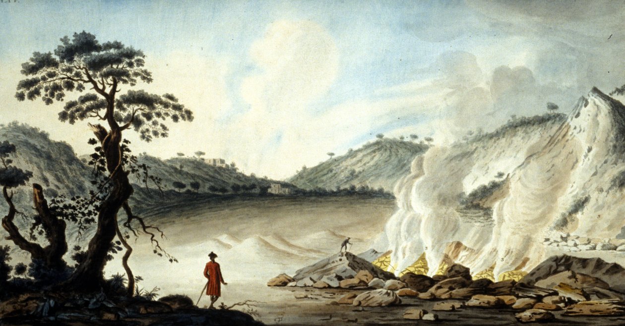 Kilátás a szolfatárra, a forró gőzökből és kéngázokból kiáramló vulkáni terepre. Pozzuoli Nápoly mellett. 19. század. alkotó: Unknown artist