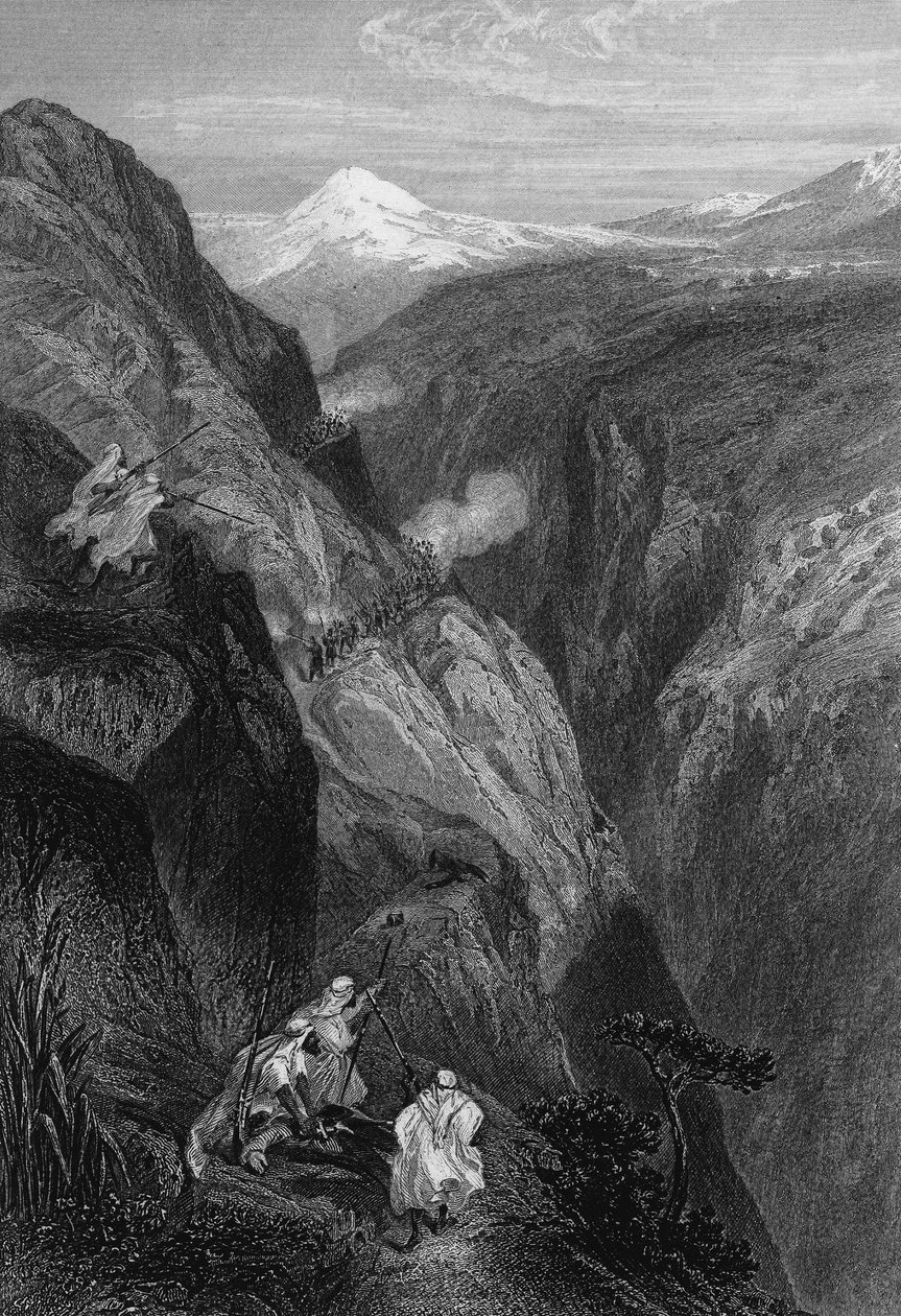 Kilátás a Mouzaìa teniah-jára, az Atlasz-hegy hágójára, amelyet a francia hadsereg szelt át 1830-ban, Algériában a 19. században, Leon Galibert „L