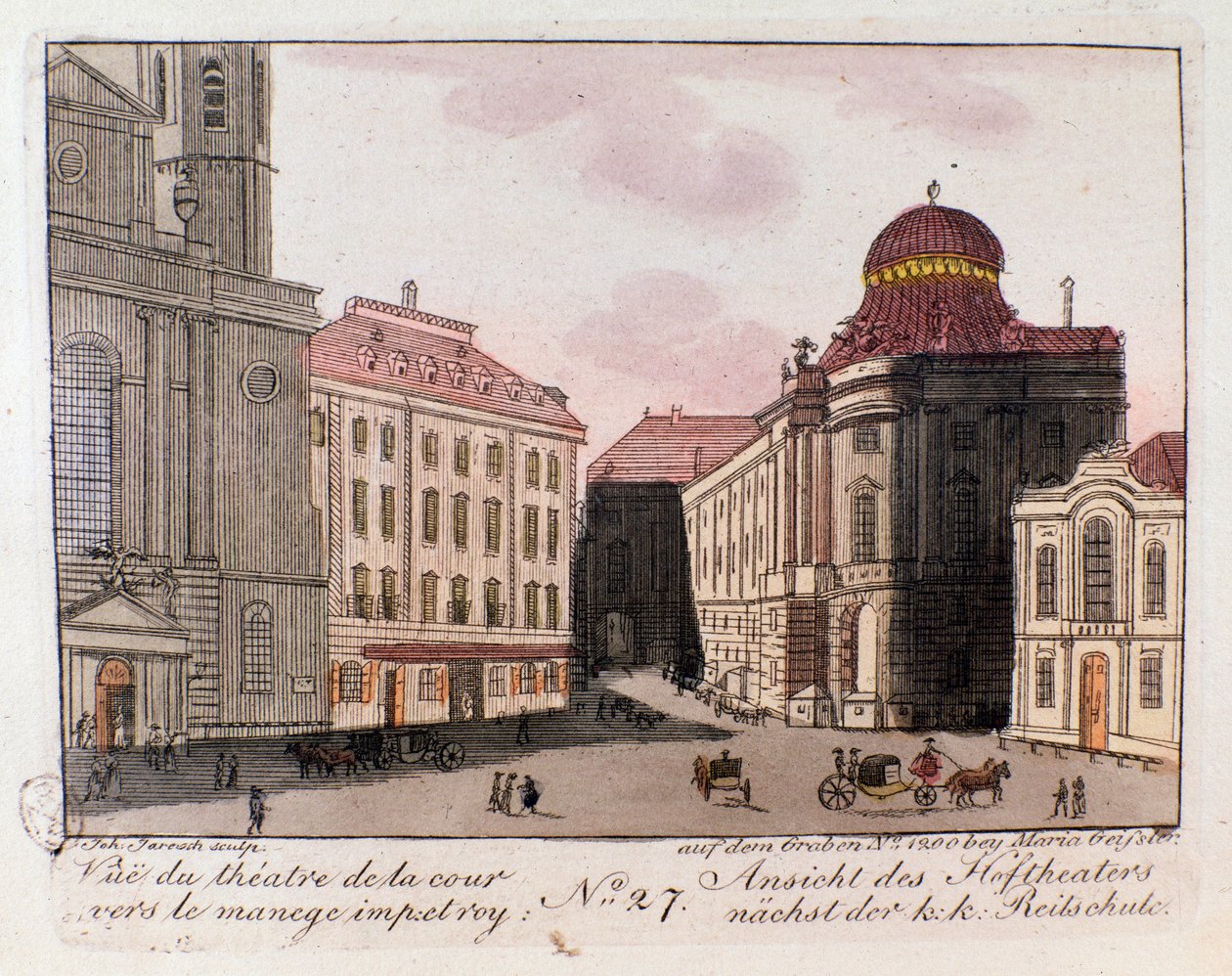 Kilátás a színházra és az udvarra a császári manézs felé Bécsben, Ausztriában. Metszet 1815-ös magángyűjteményből alkotó: Unknown artist