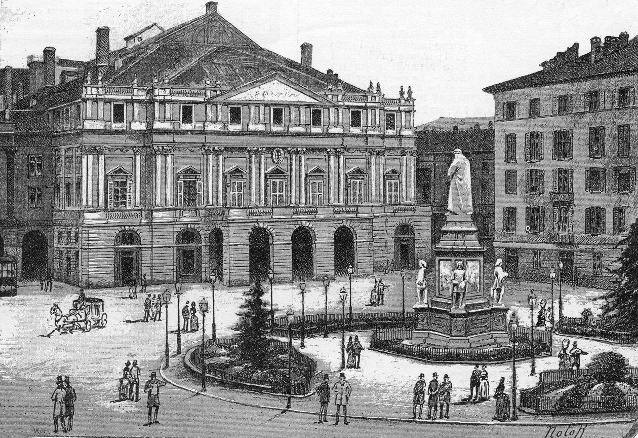 Kilátás a La Scala színházra, Milánóban, Olaszországban. (Teatro alla Scala Milano) Metszet a „” The Illustrous World”-ben” alkotó: Unknown artist