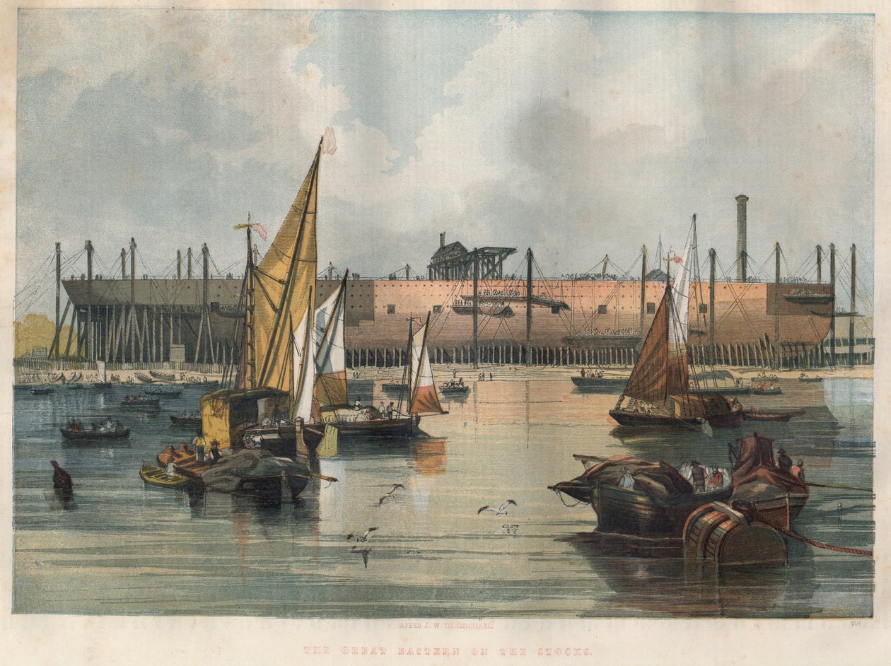 Kilátás a „Great Eastern” (Leviathan) transzatlanti vonalhajóra, amely a londoni Temze Hajógyárban épül. Metszet az 1857. november 7-i „” The illustrated London News”-ba. alkotó: Unknown artist