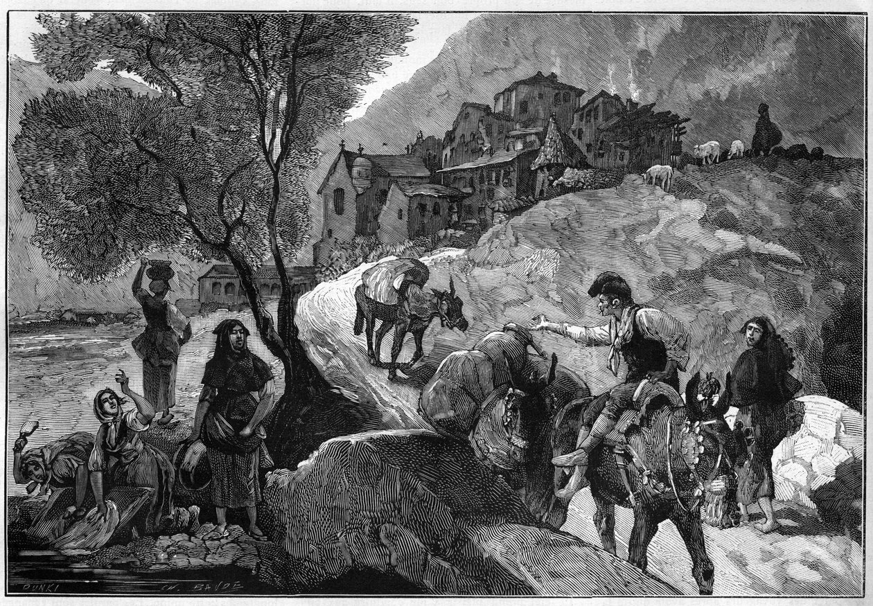 Kilátás az Andorrai Köztársaság Andorra la Vella (Andorra La Vella) falujára és andorrai lakosaira. Metszet a „” Le Monde Illustré”-ben alkotó: Unknown artist