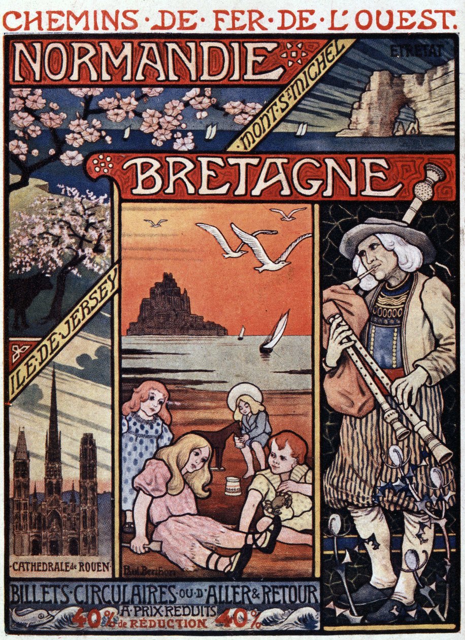 Normandia (Rouen és Etretat) és Bretagne (Mont Saint Michel) kilátásai, gyerekek a tengerparton és dudás - a Railways de l