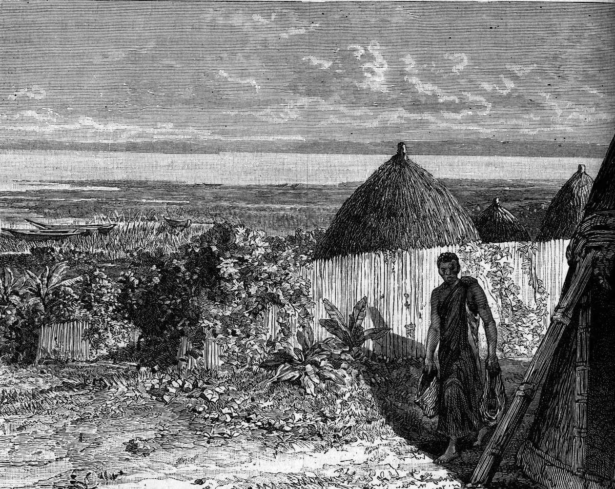 Falu az Albert Nyanza (vagy Albert-tó) partján, Afrikában. Metszet a „” Le Journal de la jeunesse”-be alkotó: Unknown artist